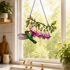 Hummingbird & Pink Fuchsia Flower Holographic Acrylic Suncatcher