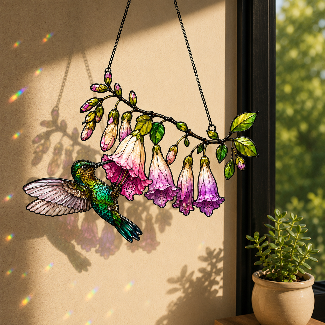 Hummingbird & Pink Fuchsia Flower Holographic Acrylic Suncatcher