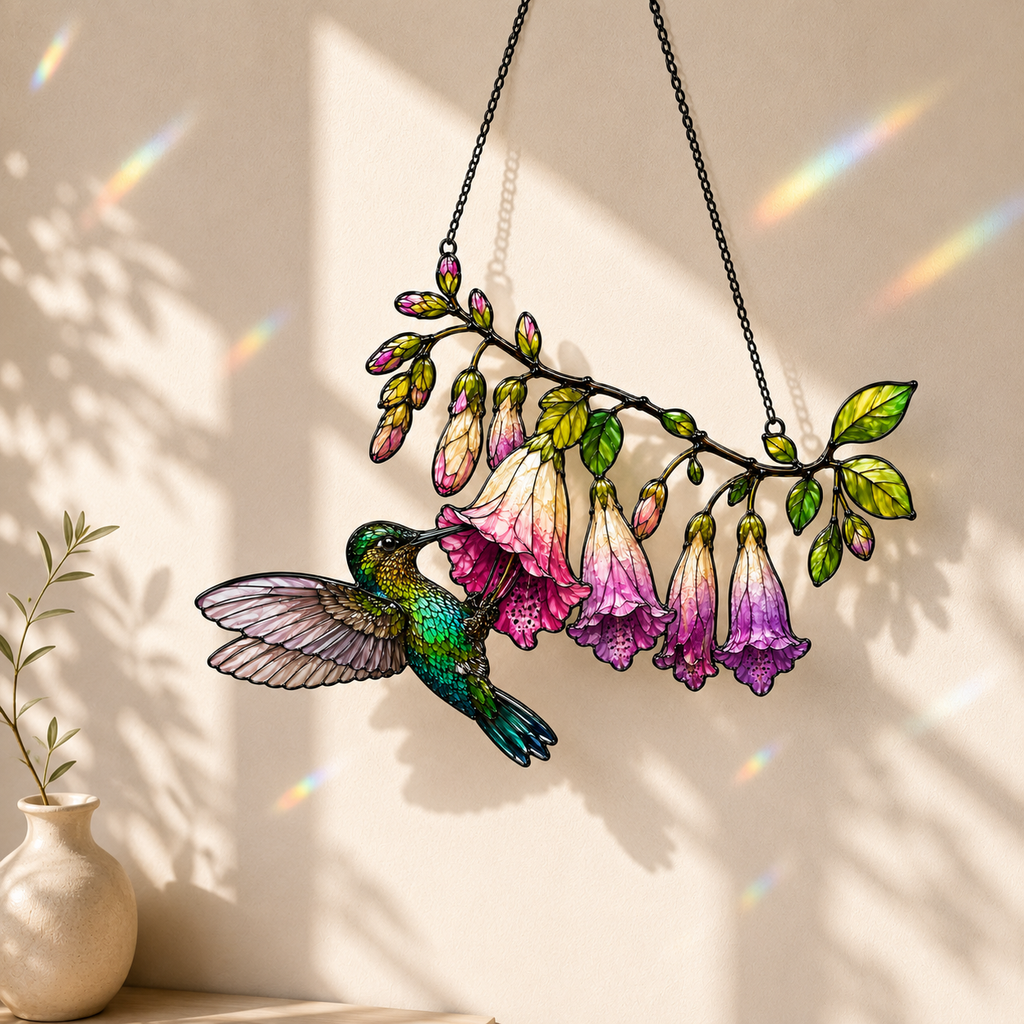Hummingbird & Pink Fuchsia Flower Holographic Acrylic Suncatcher
