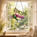 Hummingbird & Pink Fuchsia Flower Holographic Acrylic Suncatcher