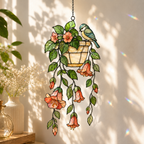 Blue Tit Bird & Hanging Flower Pot Holographic Acrylic Suncatcher