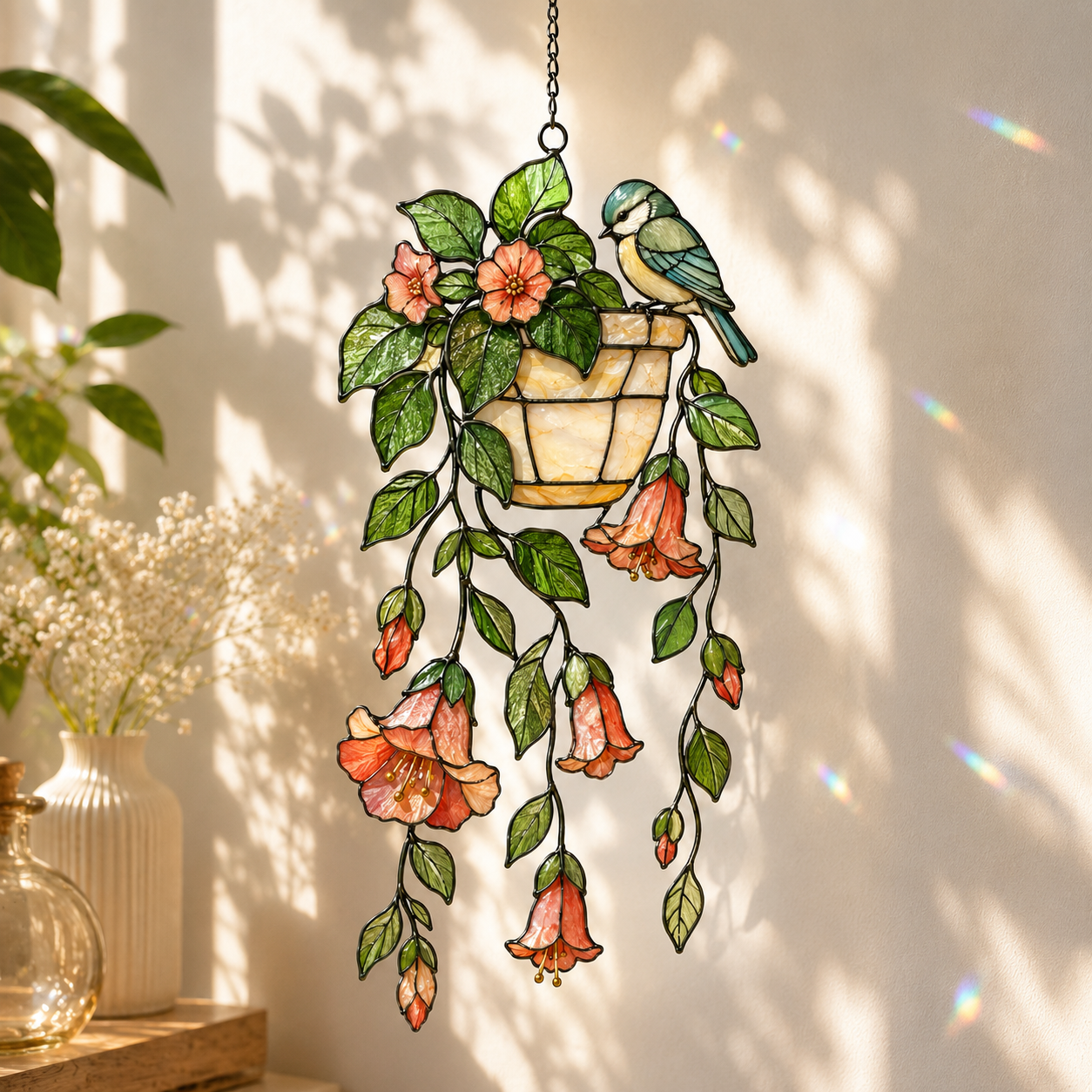 Blue Tit Bird & Hanging Flower Pot Holographic Acrylic Suncatcher
