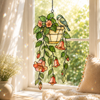 Blue Tit Bird & Hanging Flower Pot Holographic Acrylic Suncatcher