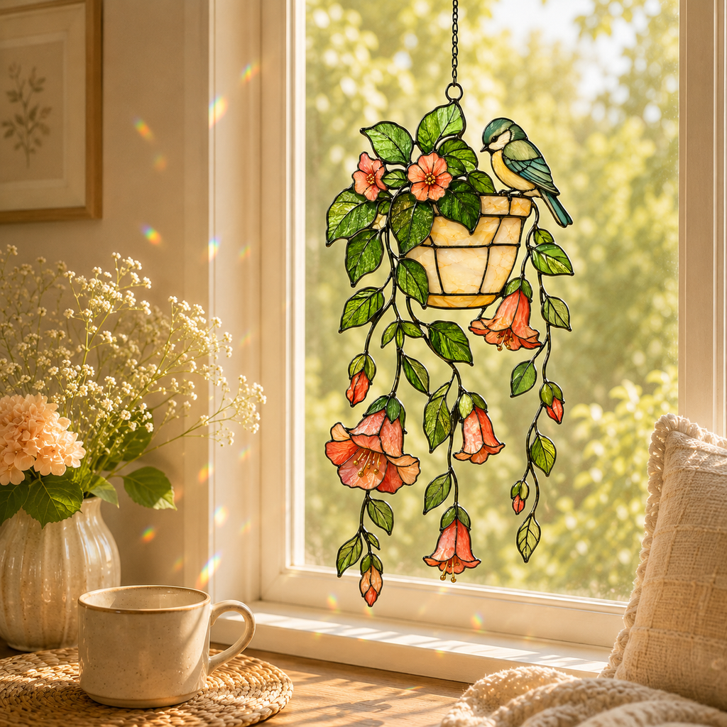 Blue Tit Bird & Hanging Flower Pot Holographic Acrylic Suncatcher