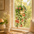 Blue Tit Bird & Hanging Flower Pot Holographic Acrylic Suncatcher