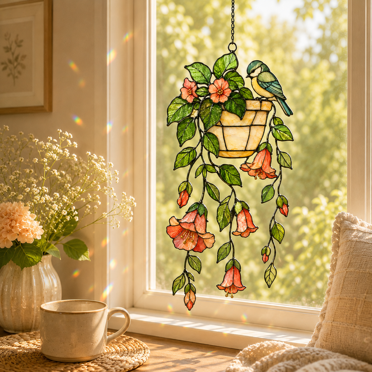 Blue Tit Bird & Hanging Flower Pot Holographic Acrylic Suncatcher