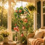 Blue Tit Bird & Hanging Flower Pot Holographic Acrylic Suncatcher