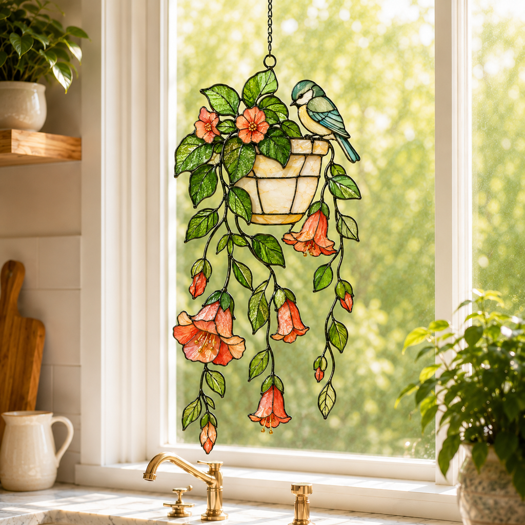 Blue Tit Bird & Hanging Flower Pot Holographic Acrylic Suncatcher