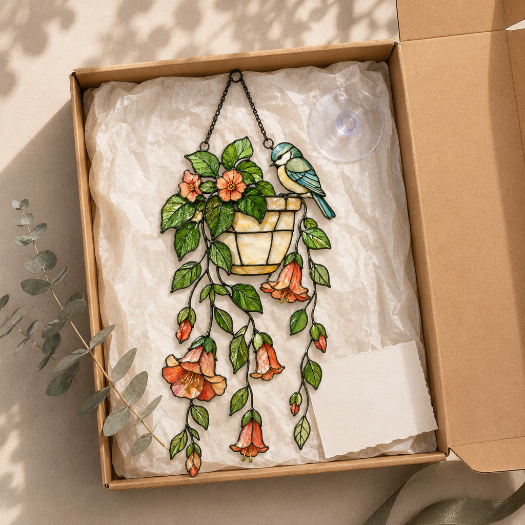 Blue Tit Bird & Hanging Flower Pot Holographic Acrylic Suncatcher