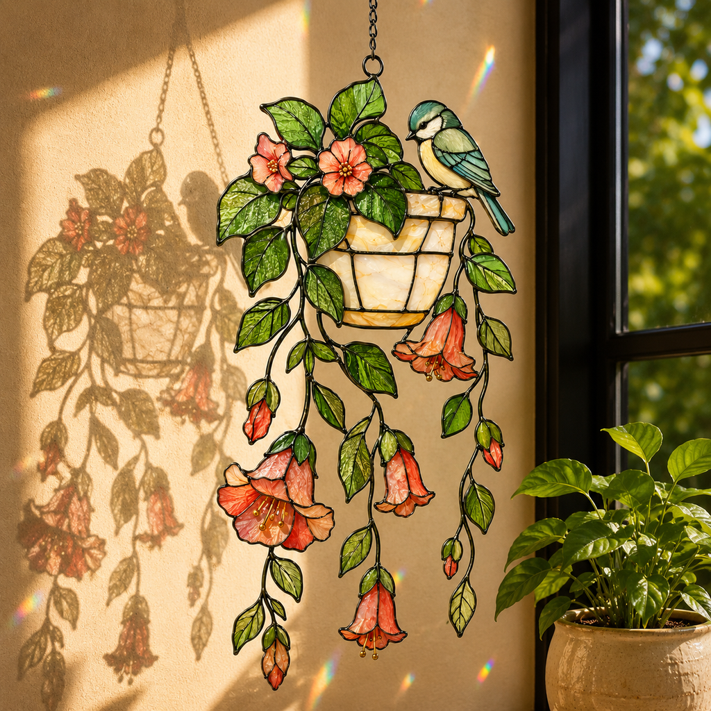 Blue Tit Bird & Hanging Flower Pot Holographic Acrylic Suncatcher