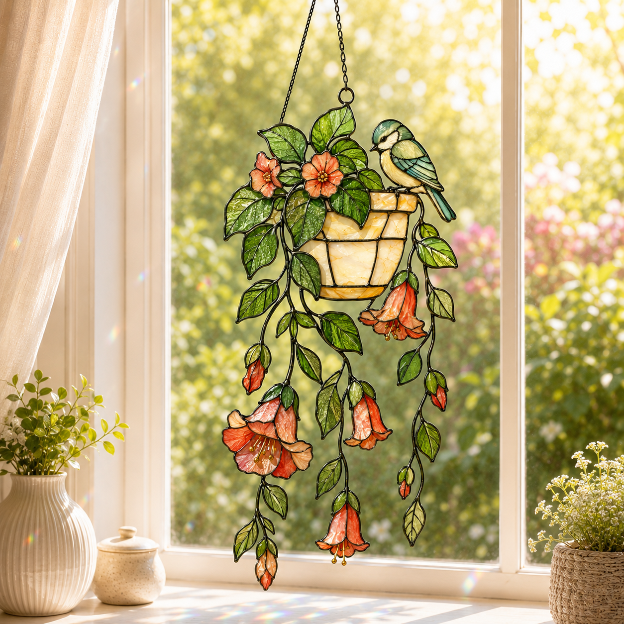 Blue Tit Bird & Hanging Flower Pot Holographic Acrylic Suncatcher
