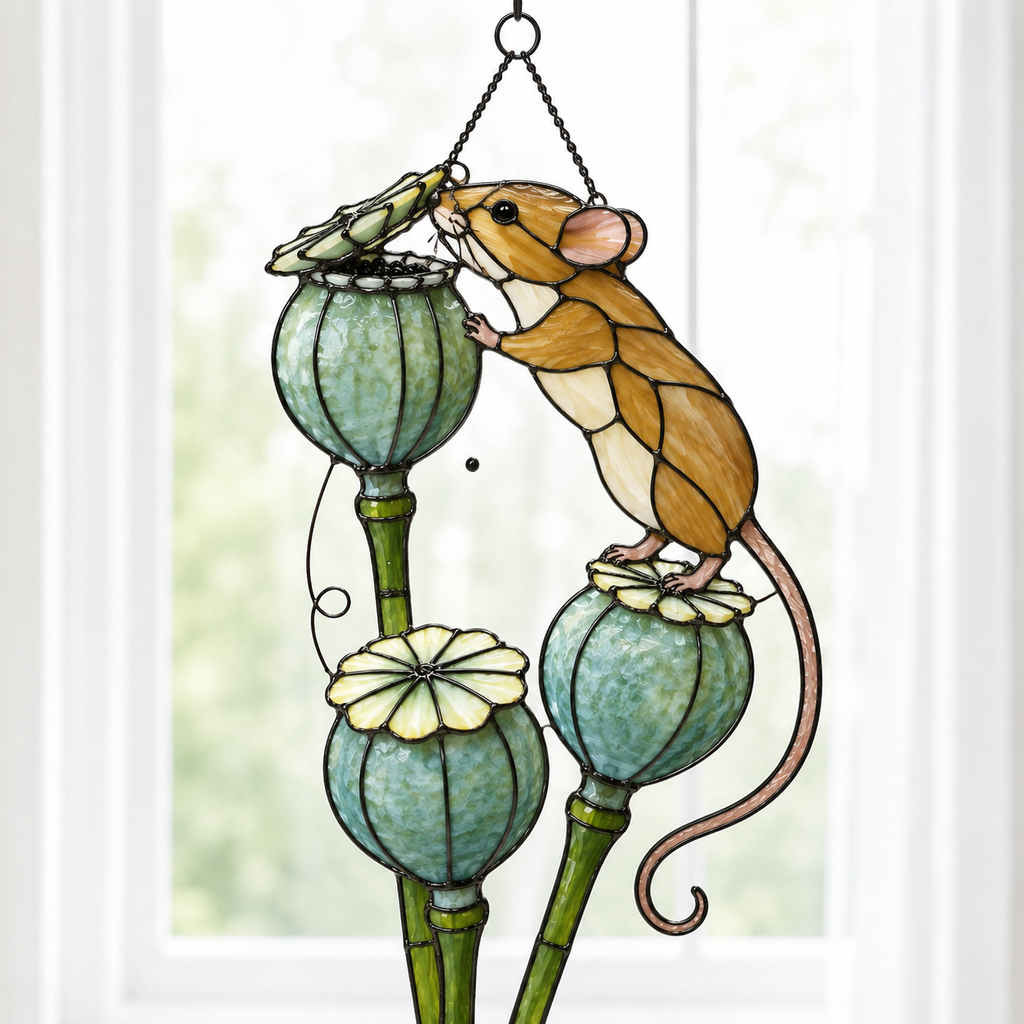 Harvest Mouse & Poppy Pods Holographic Acrylic Suncatcher