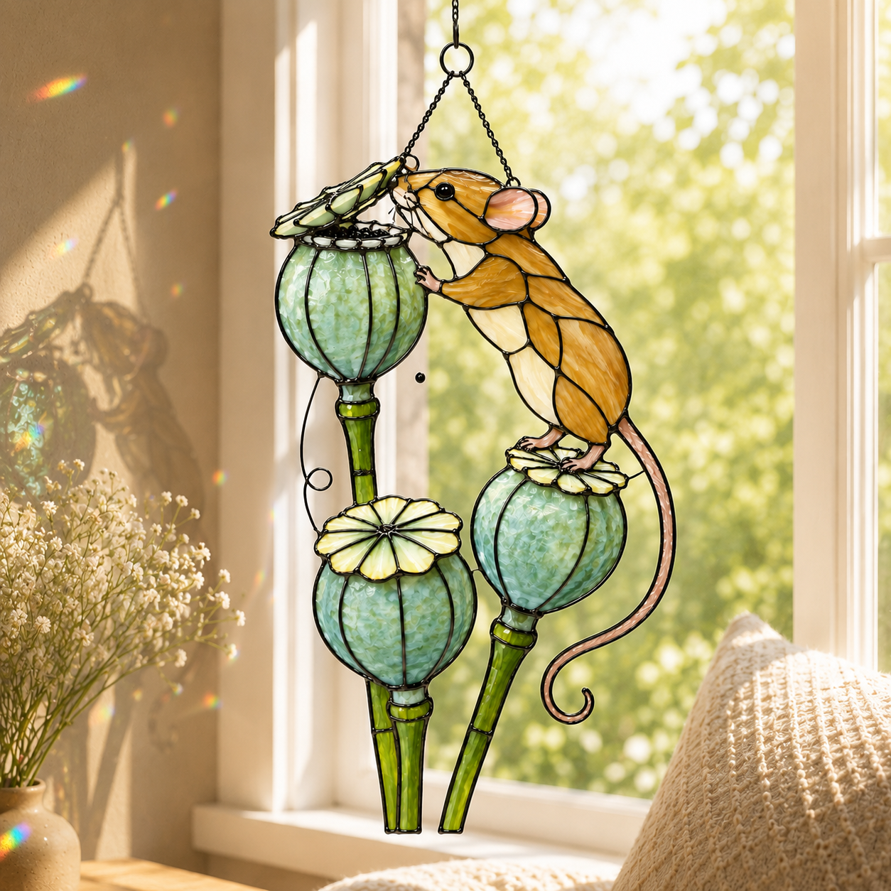 Harvest Mouse & Poppy Pods Holographic Acrylic Suncatcher