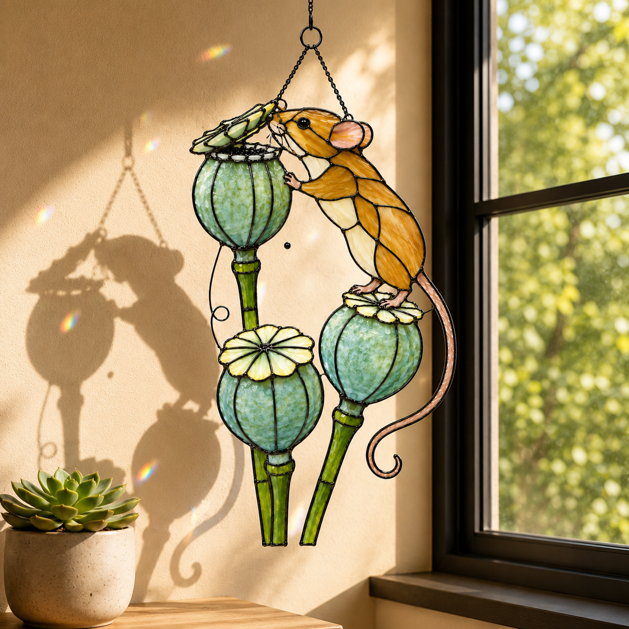 Harvest Mouse & Poppy Pods Holographic Acrylic Suncatcher