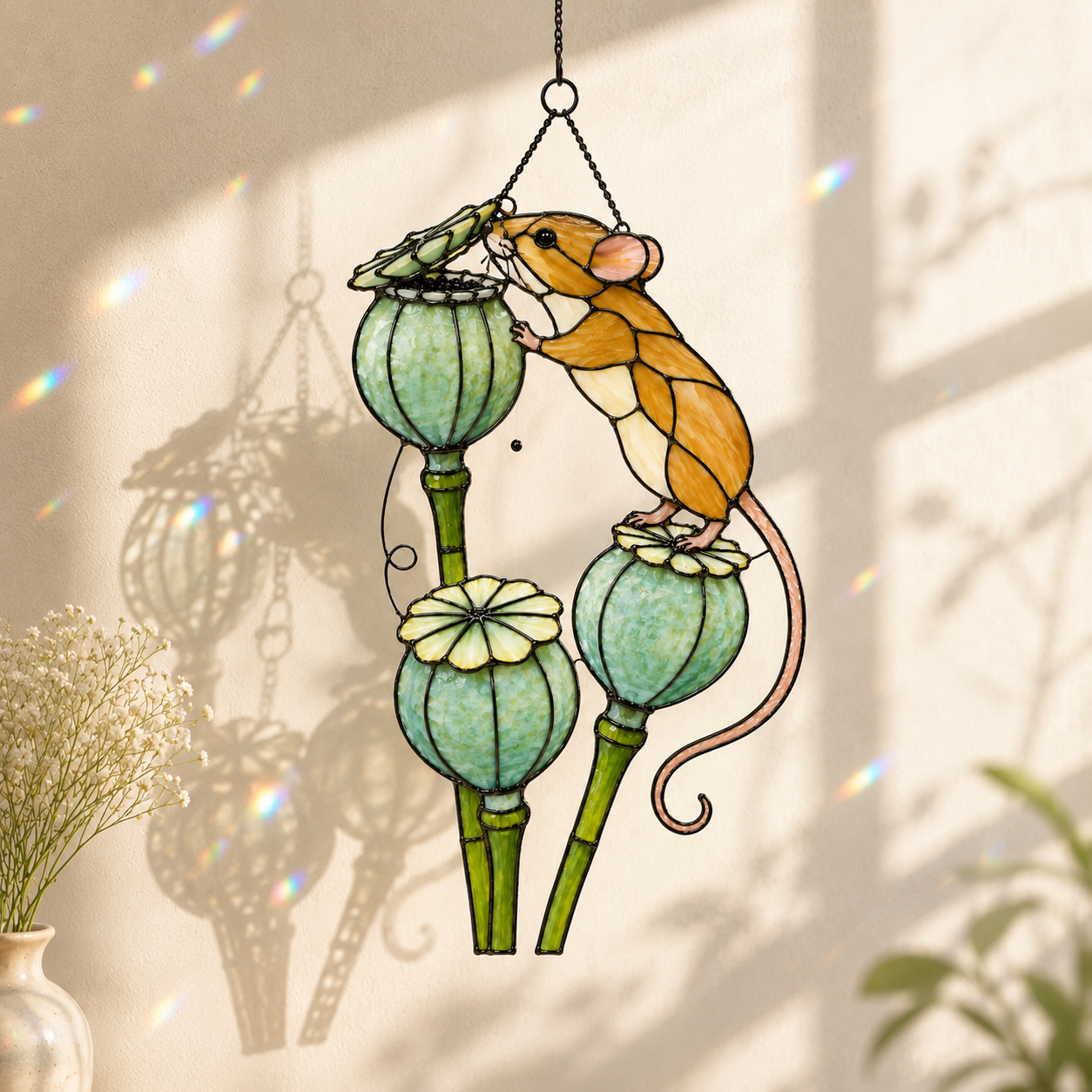 Harvest Mouse & Poppy Pods Holographic Acrylic Suncatcher