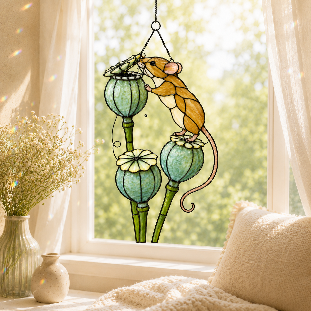 Harvest Mouse & Poppy Pods Holographic Acrylic Suncatcher