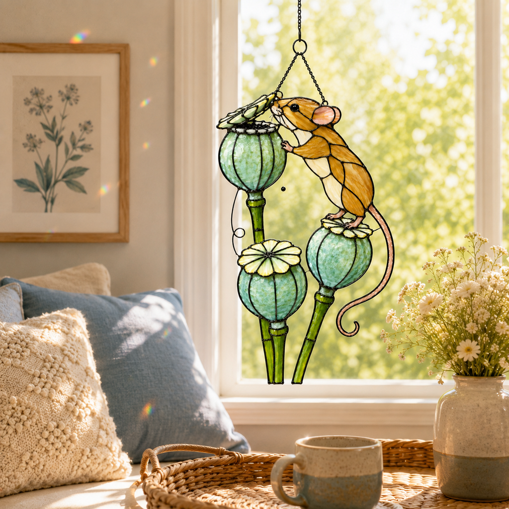 Harvest Mouse & Poppy Pods Holographic Acrylic Suncatcher