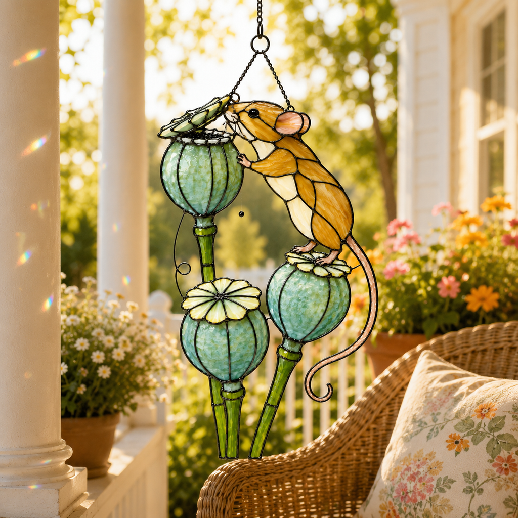 Harvest Mouse & Poppy Pods Holographic Acrylic Suncatcher