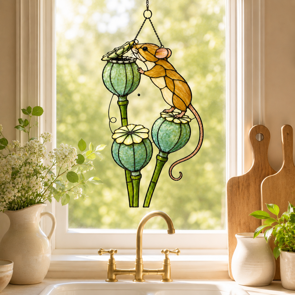 Harvest Mouse & Poppy Pods Holographic Acrylic Suncatcher