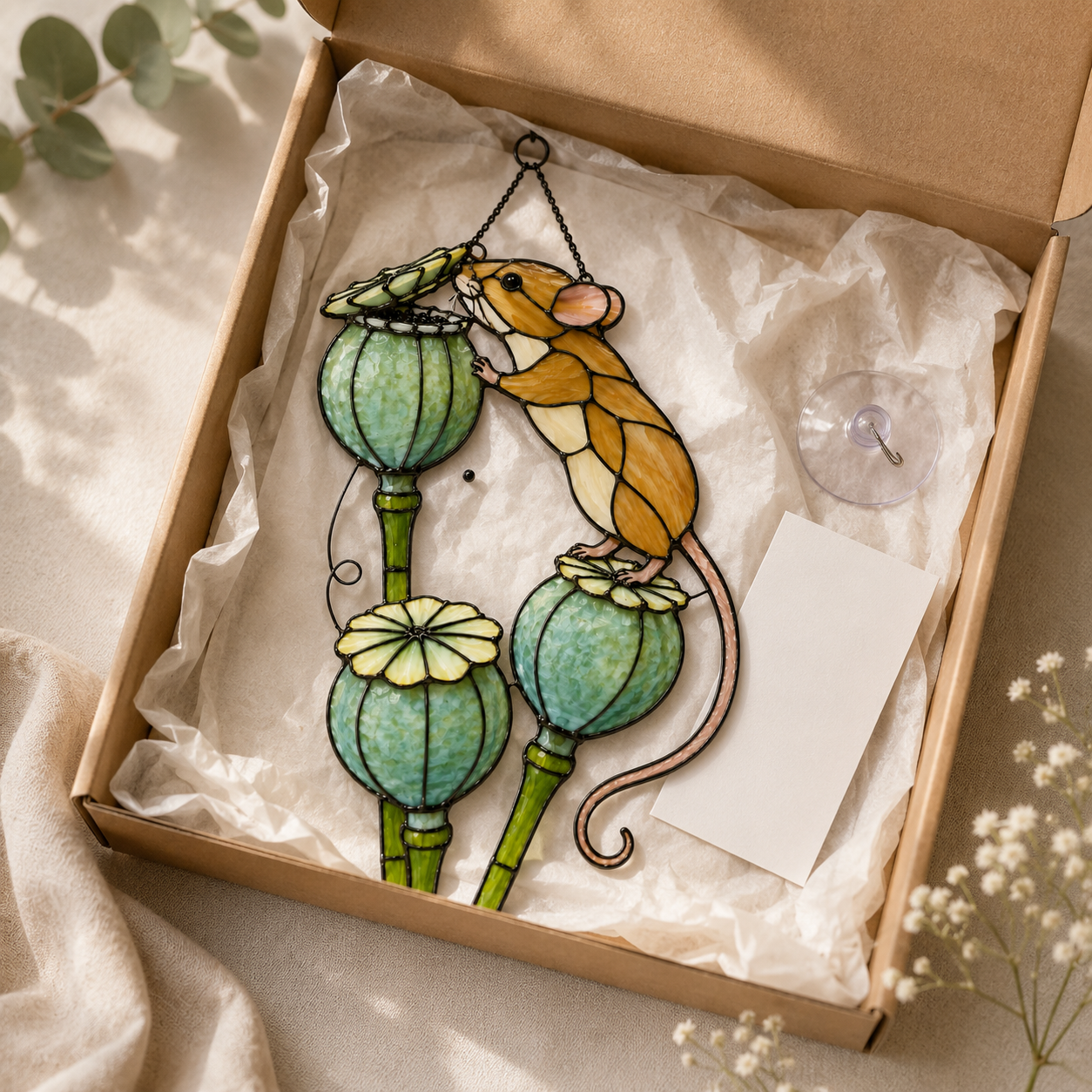 Harvest Mouse & Poppy Pods Holographic Acrylic Suncatcher