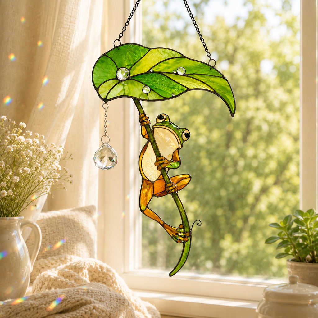 Frog with Leaf Umbrella Holographic Acrylic Suncatcher