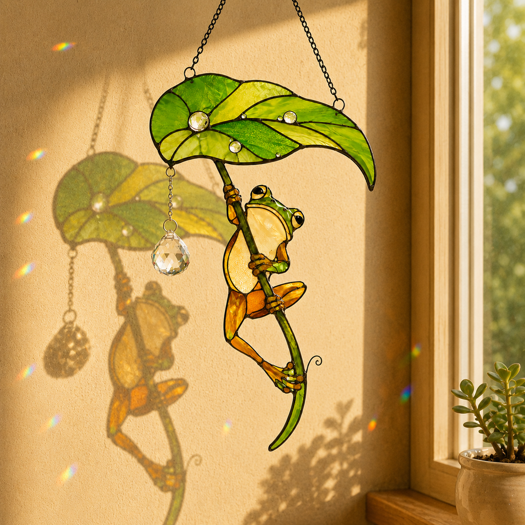 Frog with Leaf Umbrella Holographic Acrylic Suncatcher