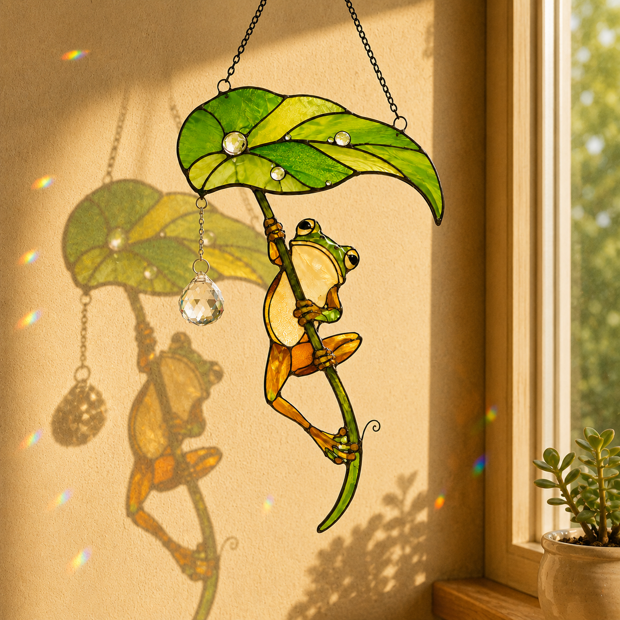 Frog with Leaf Umbrella Holographic Acrylic Suncatcher