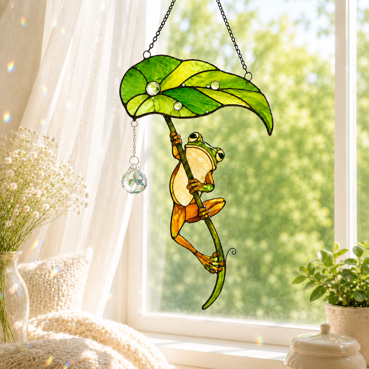 Frog with Leaf Umbrella Holographic Acrylic Suncatcher