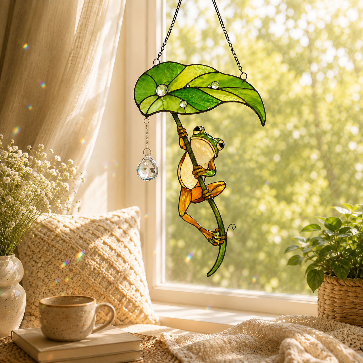 Frog with Leaf Umbrella Holographic Acrylic Suncatcher