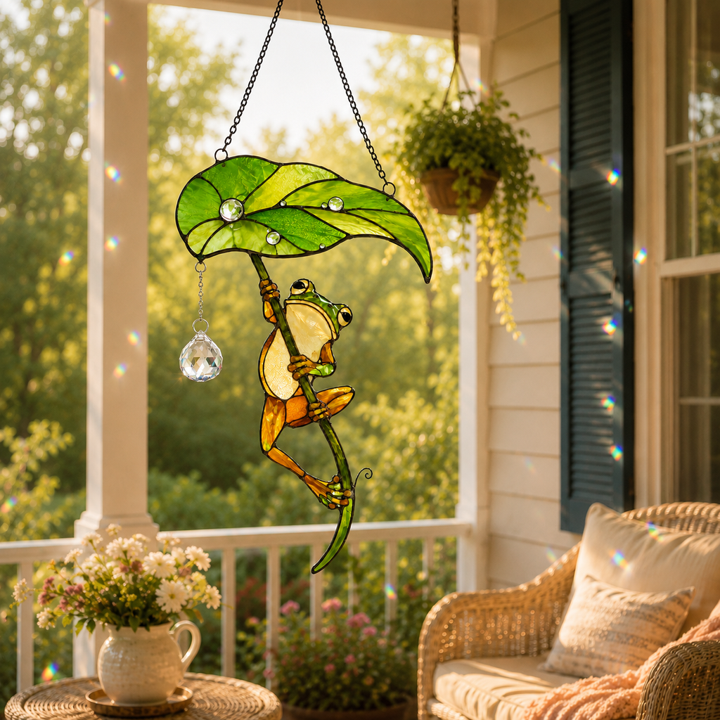 Frog with Leaf Umbrella Holographic Acrylic Suncatcher