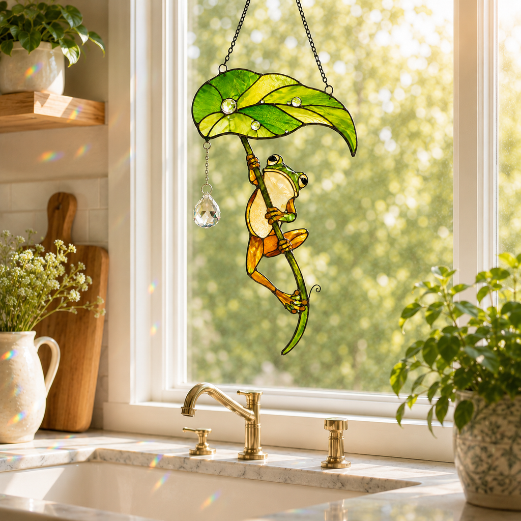 Frog with Leaf Umbrella Holographic Acrylic Suncatcher