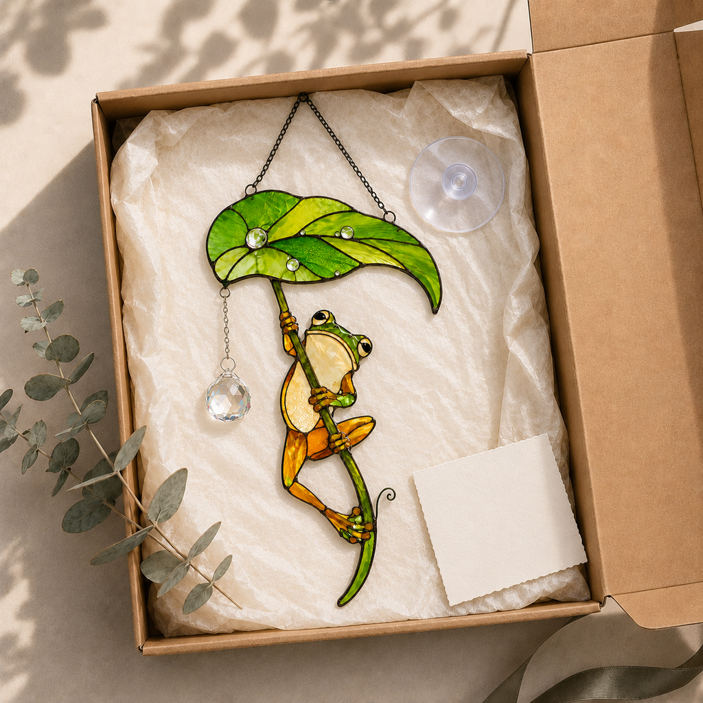 Frog with Leaf Umbrella Holographic Acrylic Suncatcher