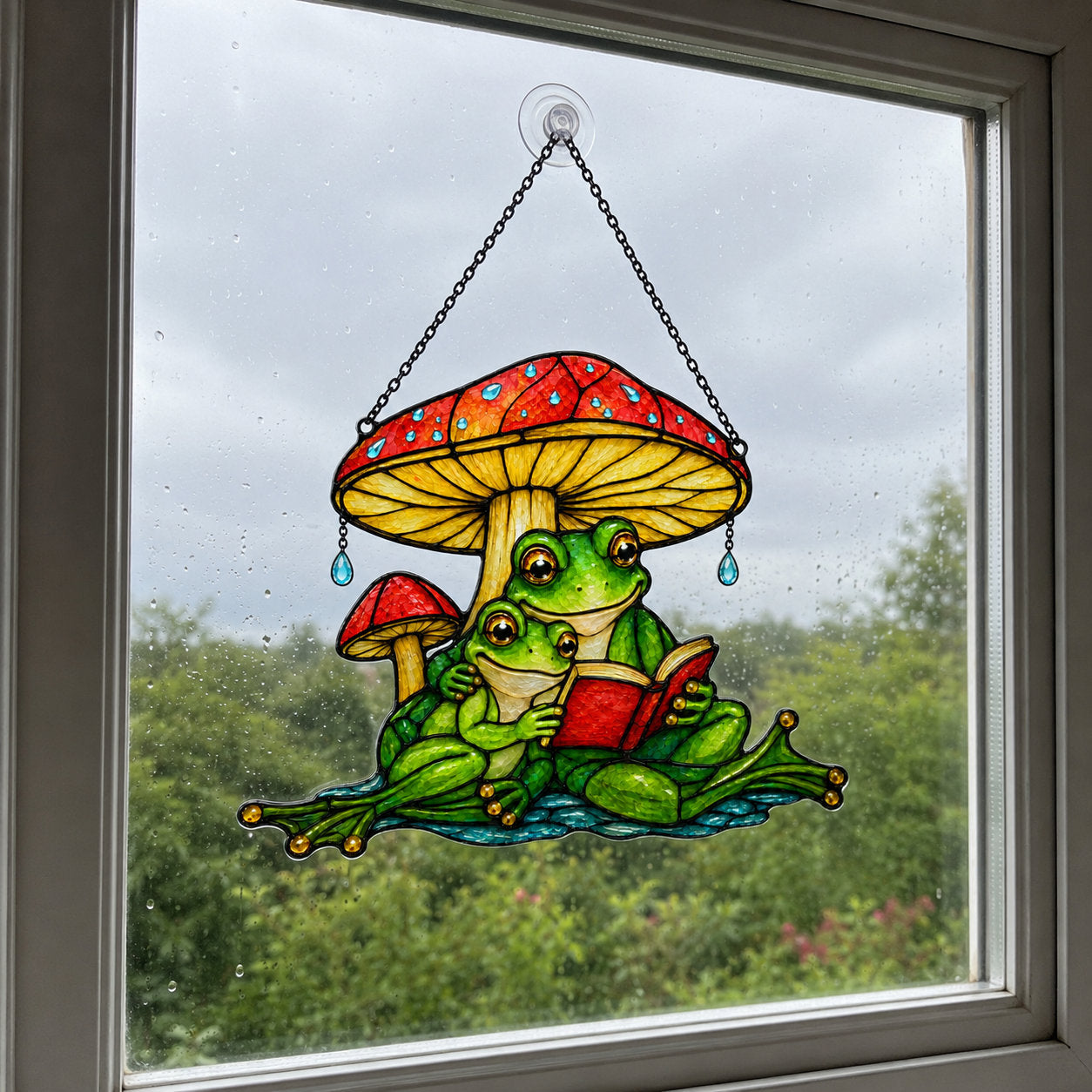 Frog couple reading a book under a mushroom umbrella holographic acrylic suncatcher hanging in a rainy window