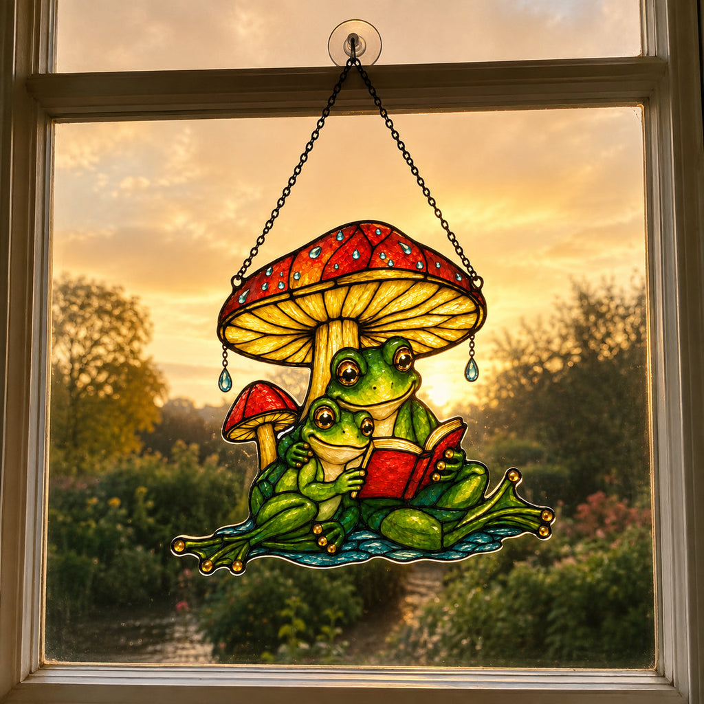 Frog couple mushroom umbrella suncatcher glowing in a window at golden sunset