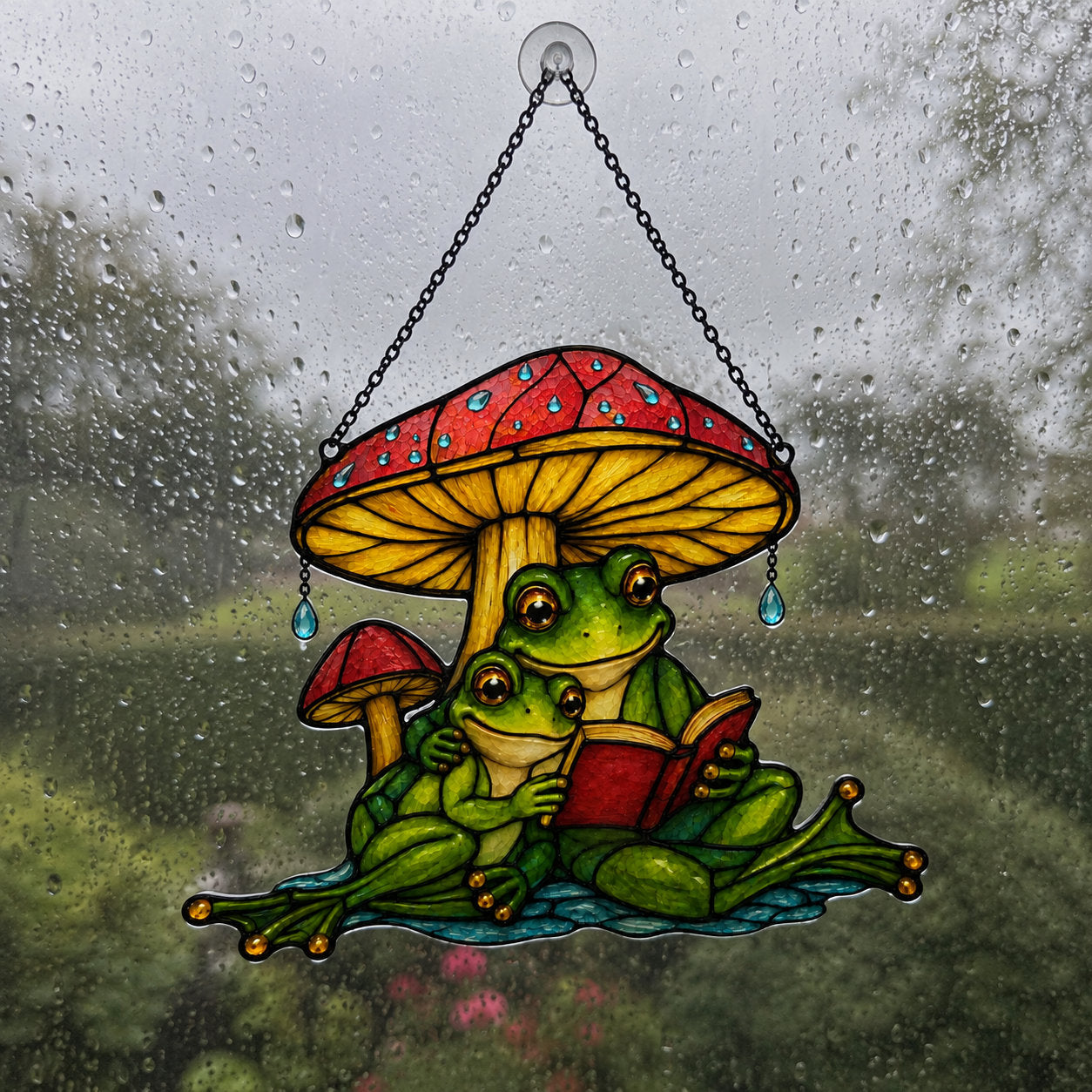 Frog couple reading suncatcher on a rain-streaked window with a green garden behind