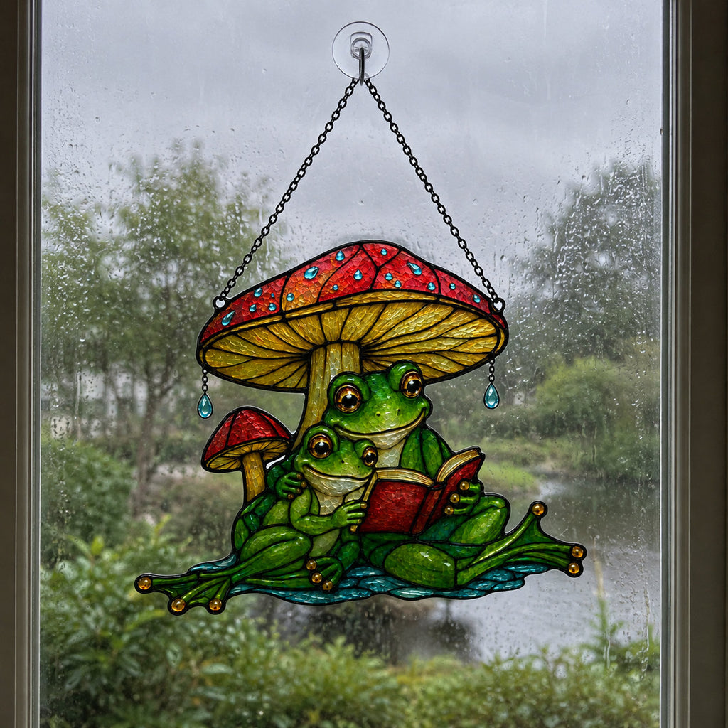 Frog couple mushroom suncatcher in a window overlooking a pond in the rain