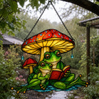 Frog couple reading suncatcher hanging outdoors among garden greenery