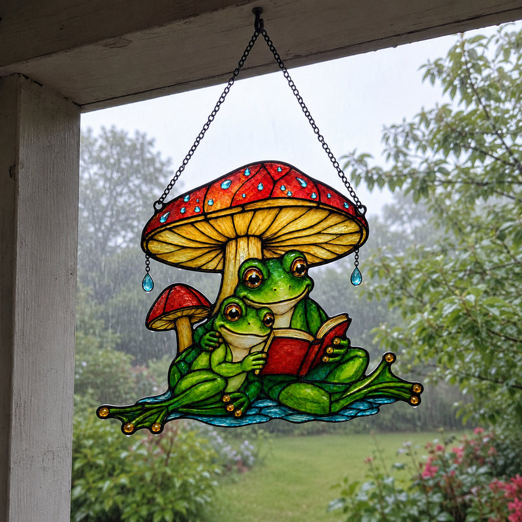Frog couple reading suncatcher hanging on a covered porch during rain
