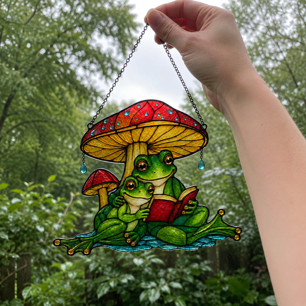 Hand holding the frog couple mushroom umbrella holographic suncatcher by its chain outdoors