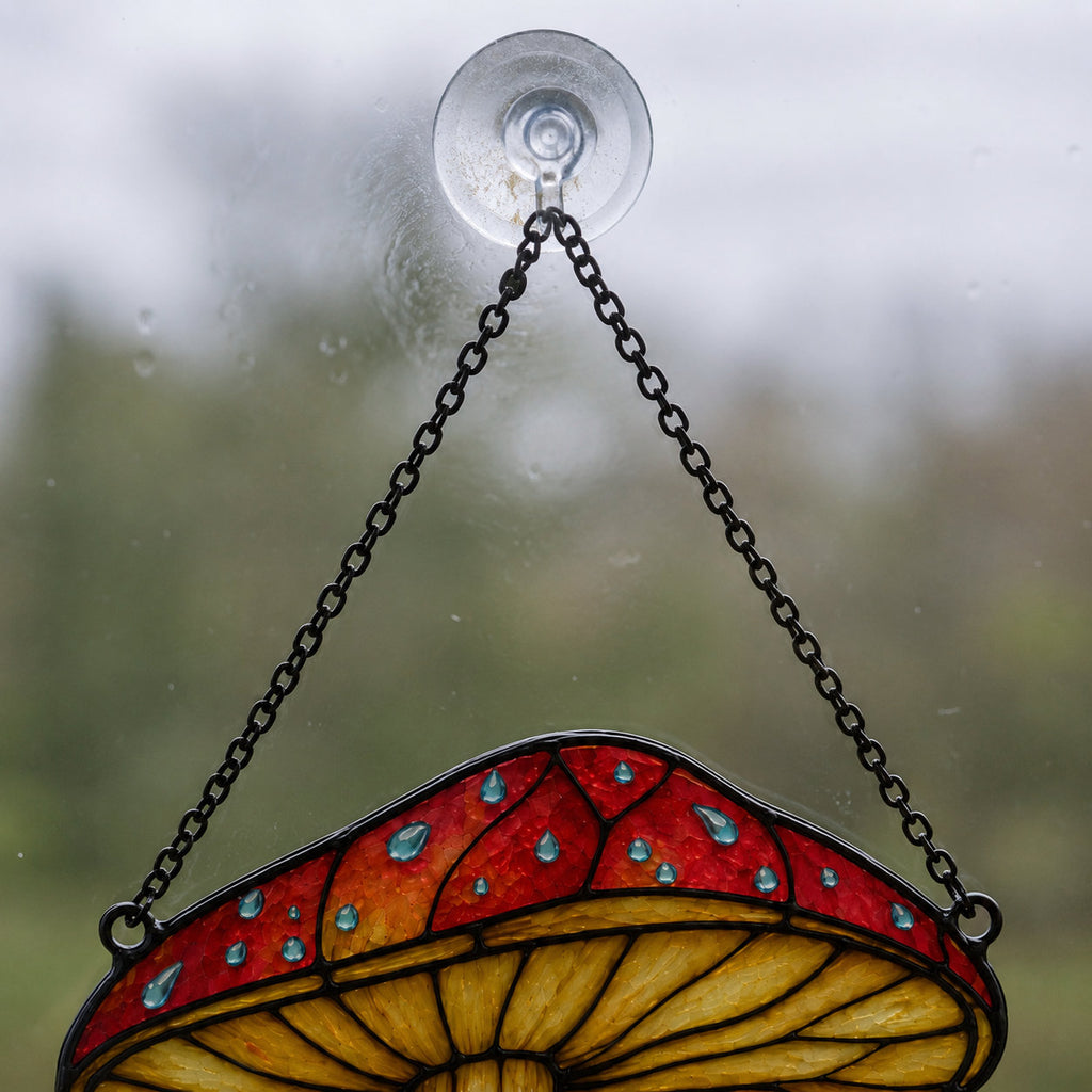 Close-up of the red mushroom cap, raindrop charms and metal hanging chain