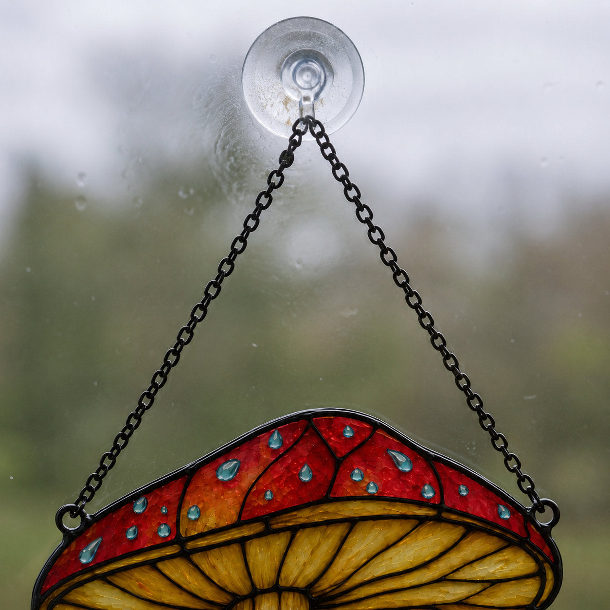 Close-up of the red mushroom cap, raindrop charms and metal hanging chain