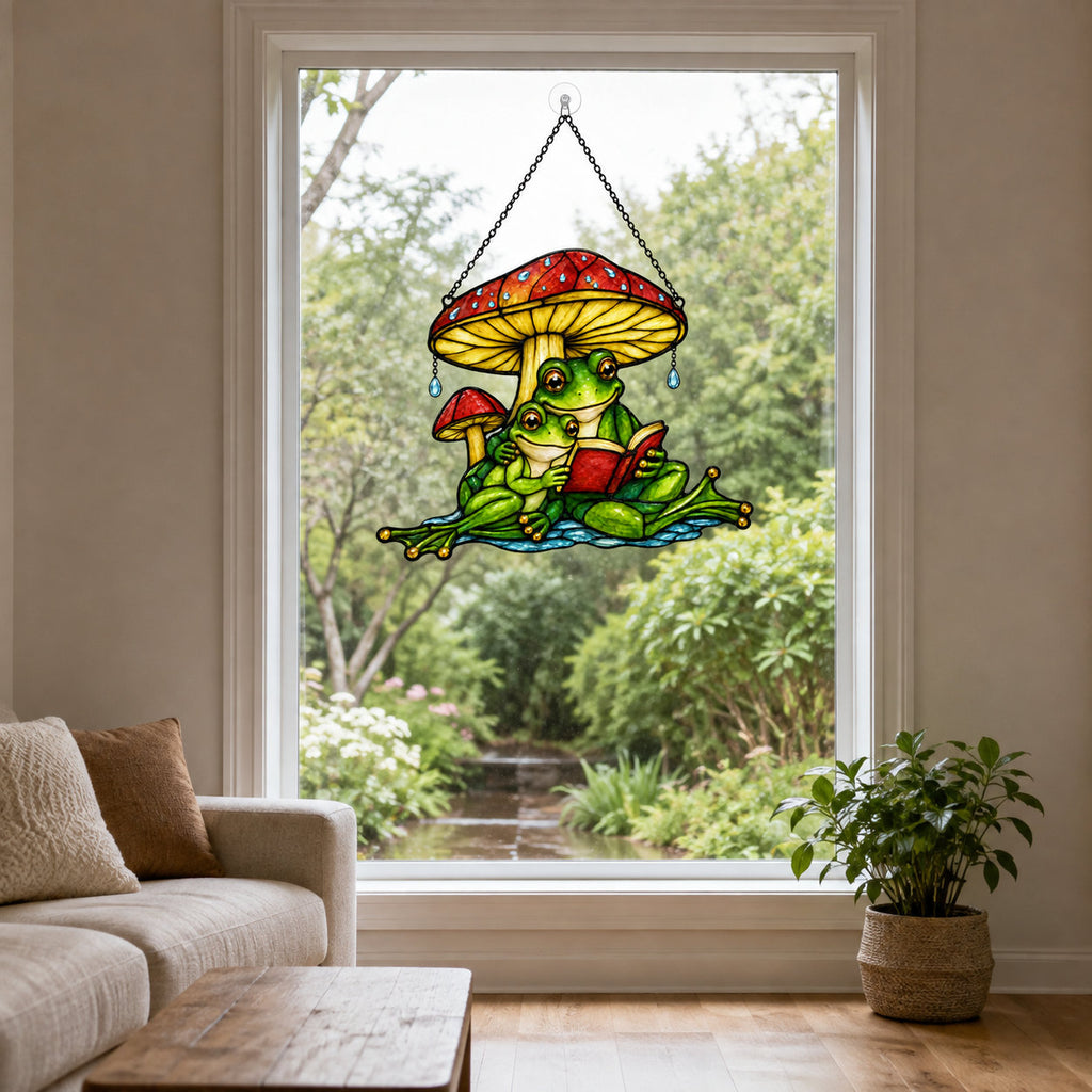 Frog couple mushroom umbrella suncatcher seen from a living room window