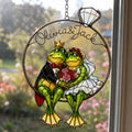 Personalized frog wedding couple suncatcher in an engagement ring frame with custom names on the band