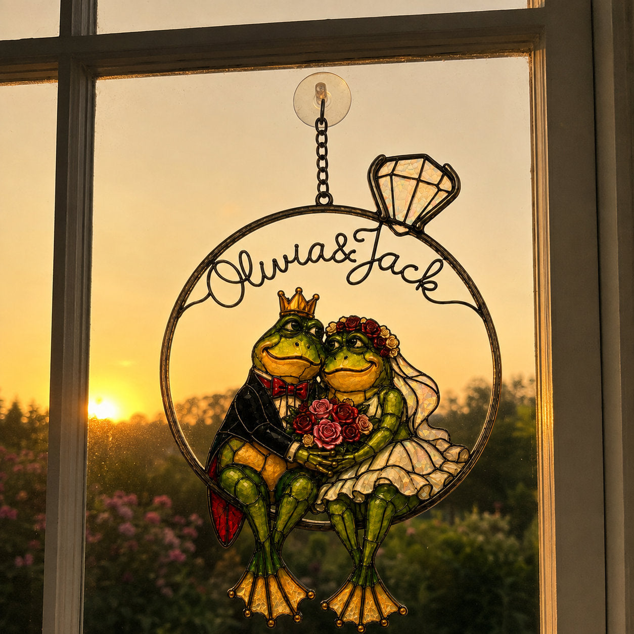 Personalized frog bride and groom ring suncatcher glowing in a window at golden sunset