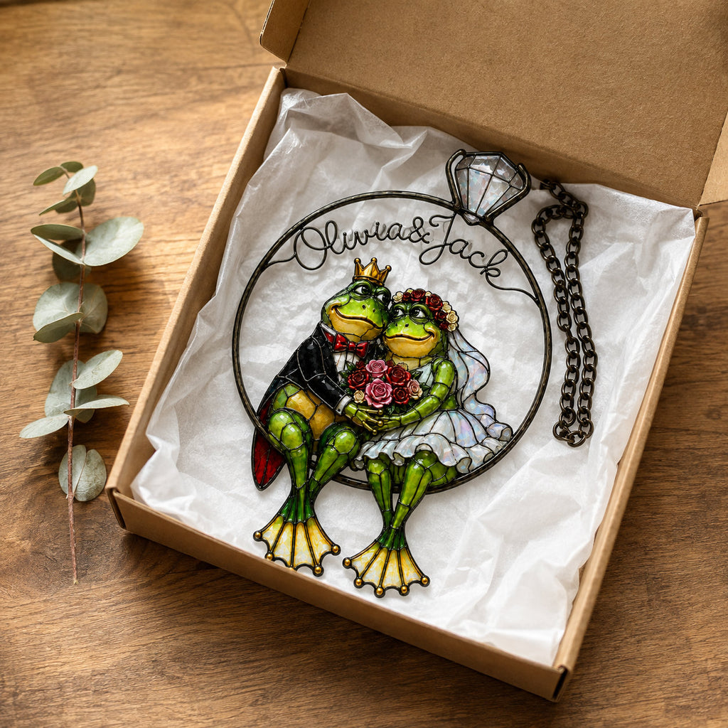 Personalized frog wedding couple suncatcher packed in a Pixiwoo gift box with tissue paper