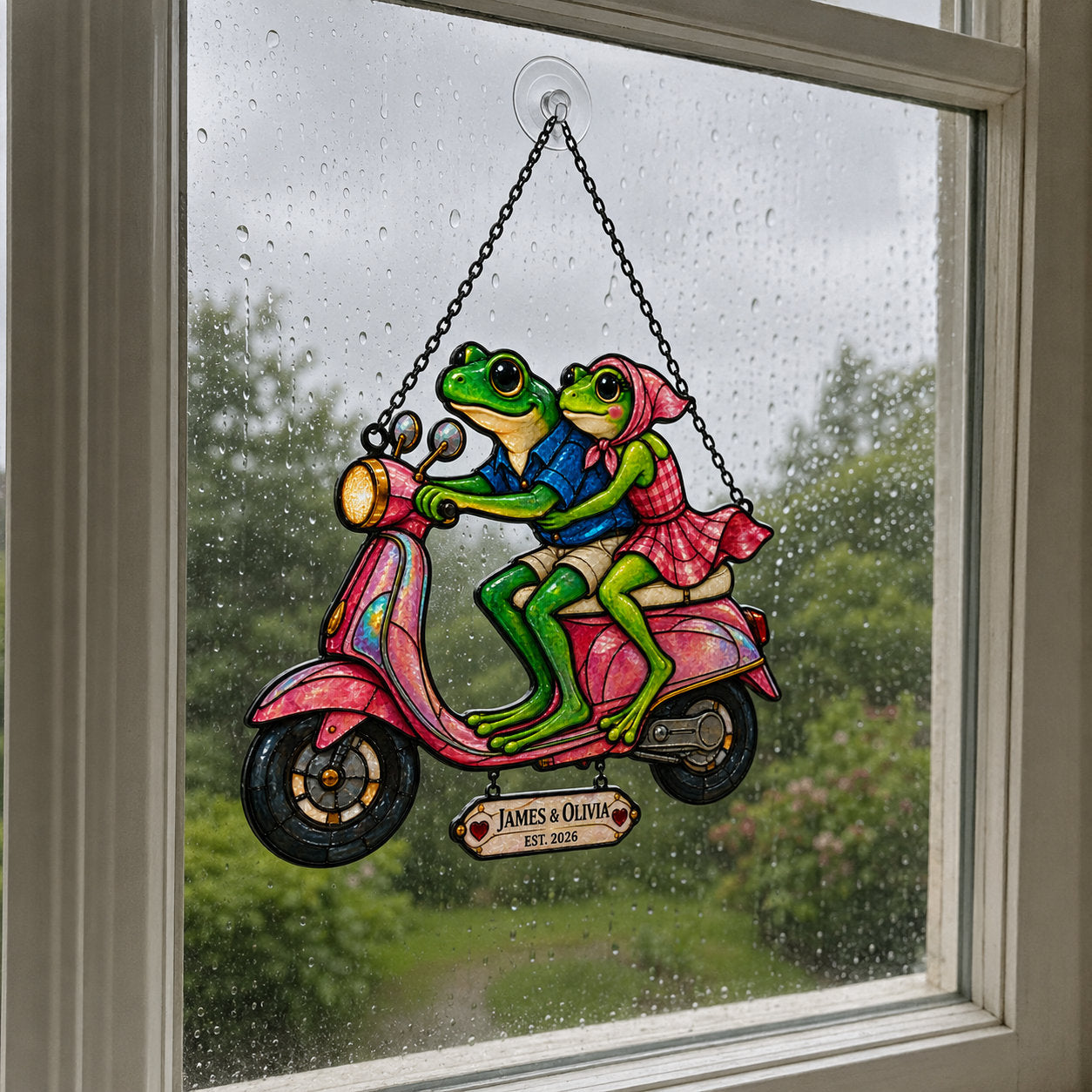 Frog couple pink scooter suncatcher glowing in a window at orange sunset