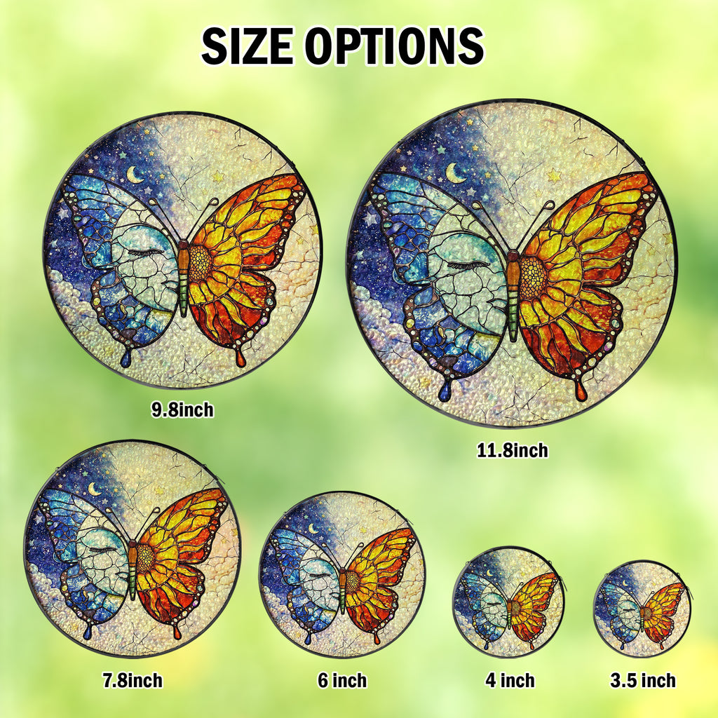 Butterfly Stained Glass Suncatcher with Sun and Moon Day Night Design