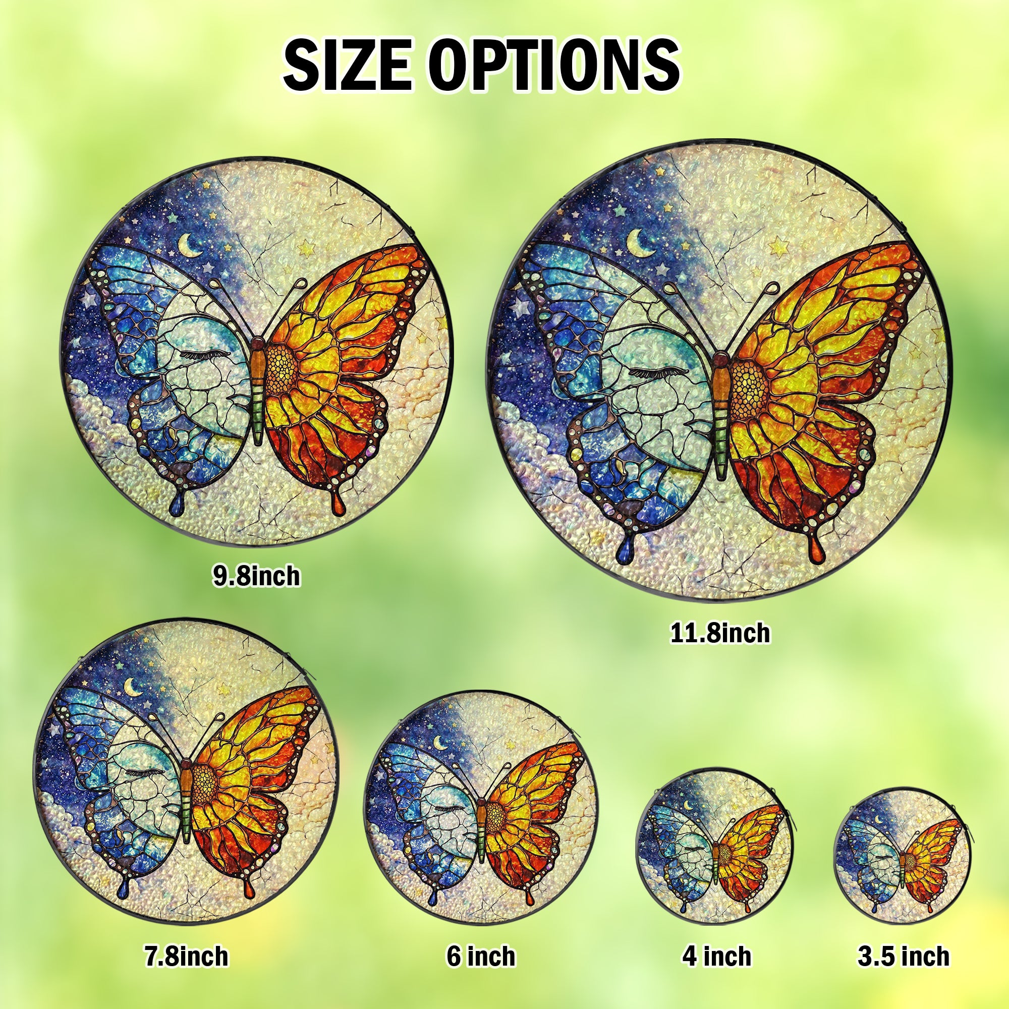 Butterfly Stained Glass Suncatcher with Sun and Moon Day Night Design