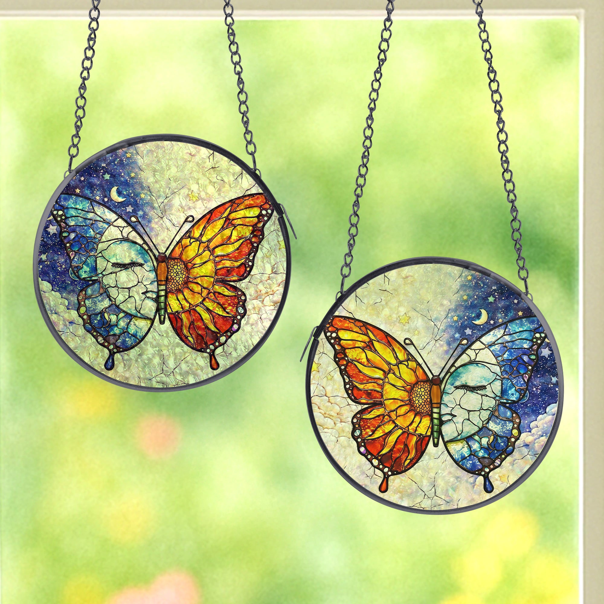 Butterfly Stained Glass Suncatcher with Sun and Moon Day Night Design