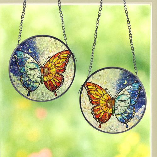 Butterfly Stained Glass Suncatcher, Round Hanging Window Panel with Sun and Moon Day Night Design, Celestial Butterfly Window Decor for Home Garden, Gift for Women